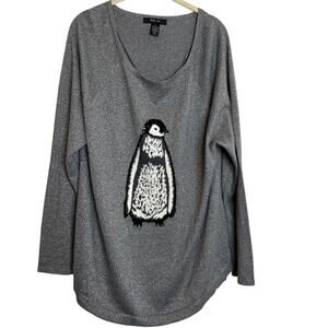 Style & Co Womens Sweater XL Gray Metallic Penguin Holiday Pullover Long Sleeve